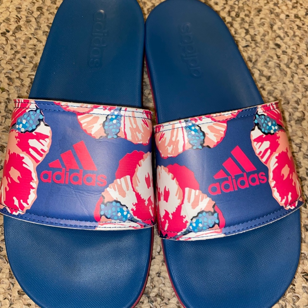 Floral Adidas pink and blue slides